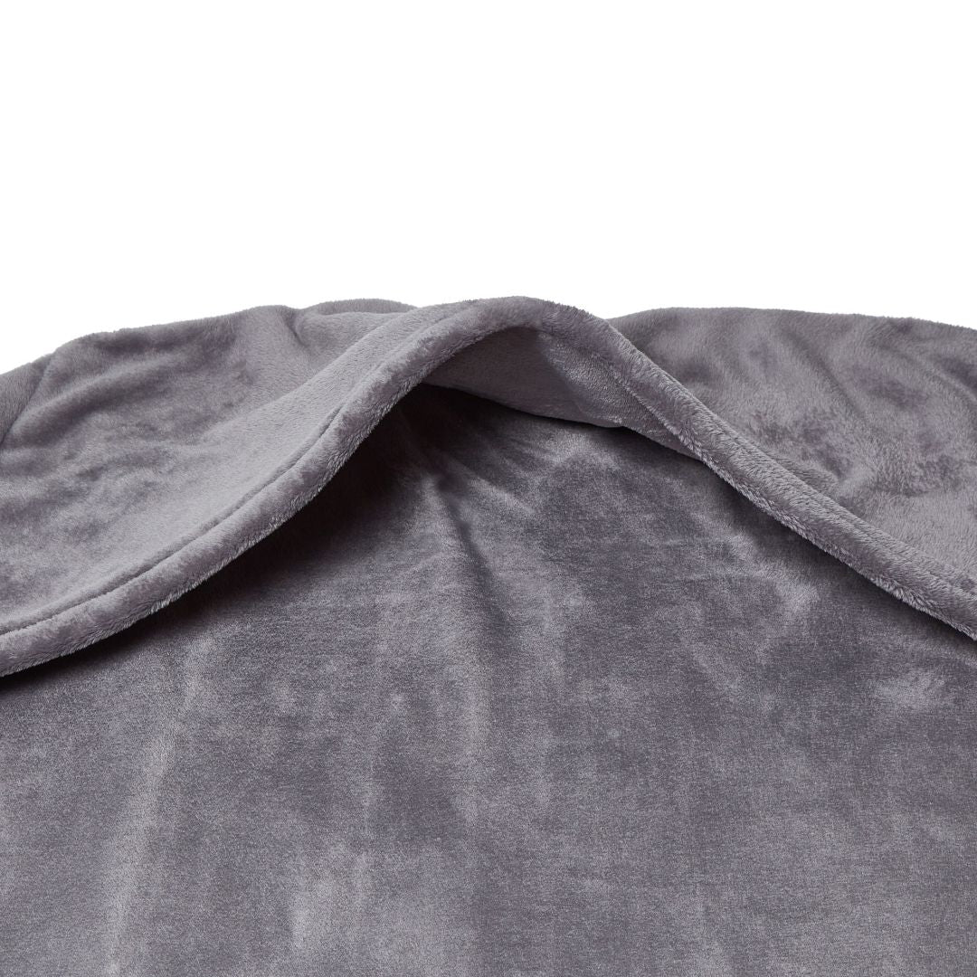 Close-up of the foot pocket on the Snhug Sit sitting blanket in soft grey fleece, designed to keep feet warm and the blanket securely in place.