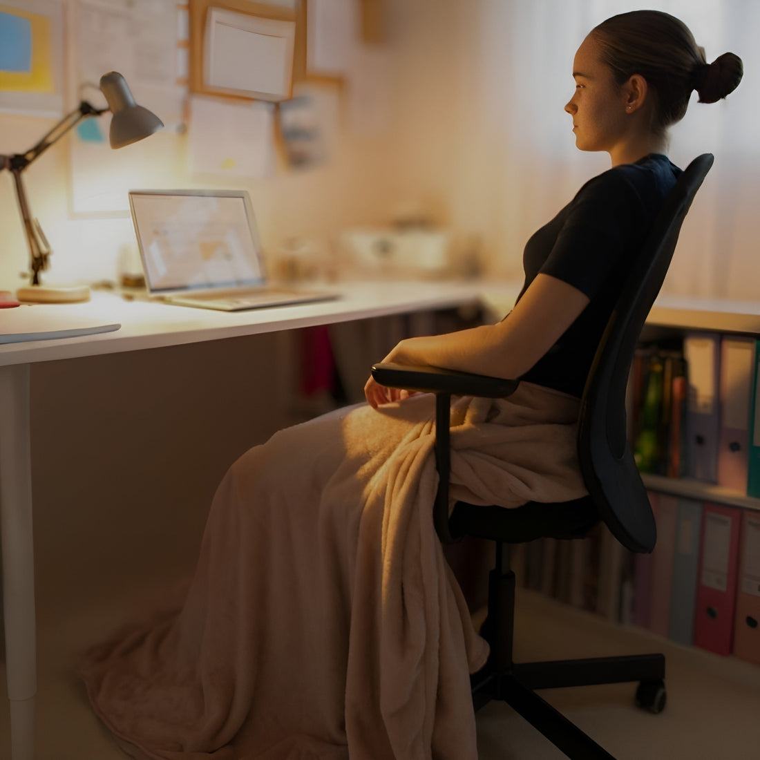 Snhug Sit sitting blanket worn around the waist with no sleeves, keeping arms free while seated.