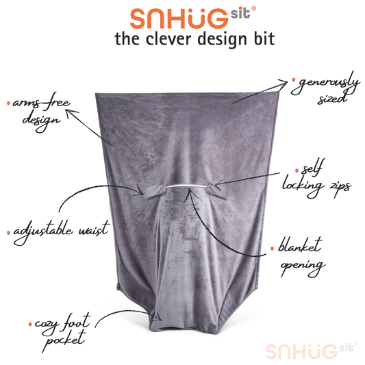 Snhug Sit sitting blanket showing sleeveless design, adjustable waist fit and cosy foot pocket for seated comfort