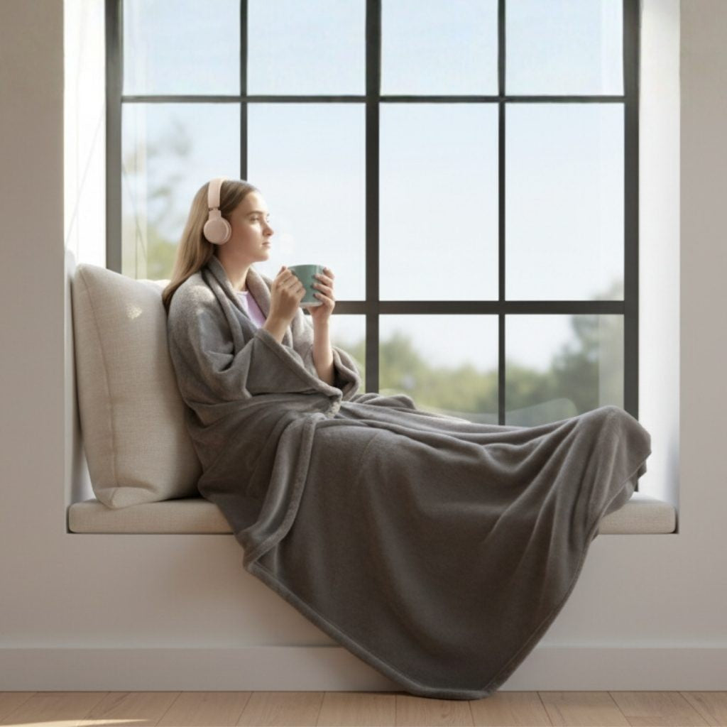 Woman in a Snhug Sit and headphones sitting in a window box drinking a cup of tea