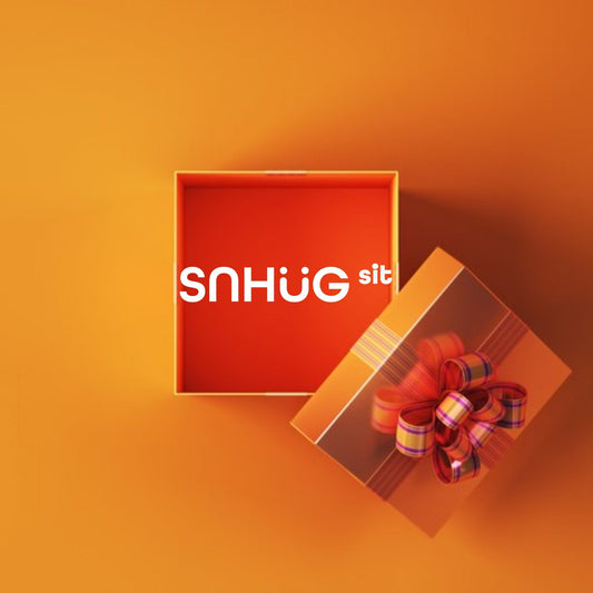 Snhug Sit E-Gift Card in an orange box with ribbon bow, symbolizing warmth and coziness.