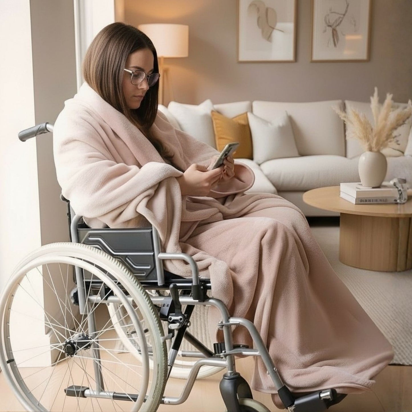 Person seated in a wheelchair with a sitting blanket that keeps them warm while leaving arms free.