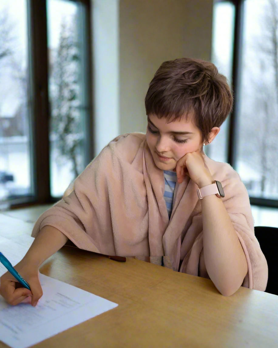 Student wearing a Snhug Sit sitting blanket while studying at a desk, showing cosy comfort and focus during long study sessions or late nights.